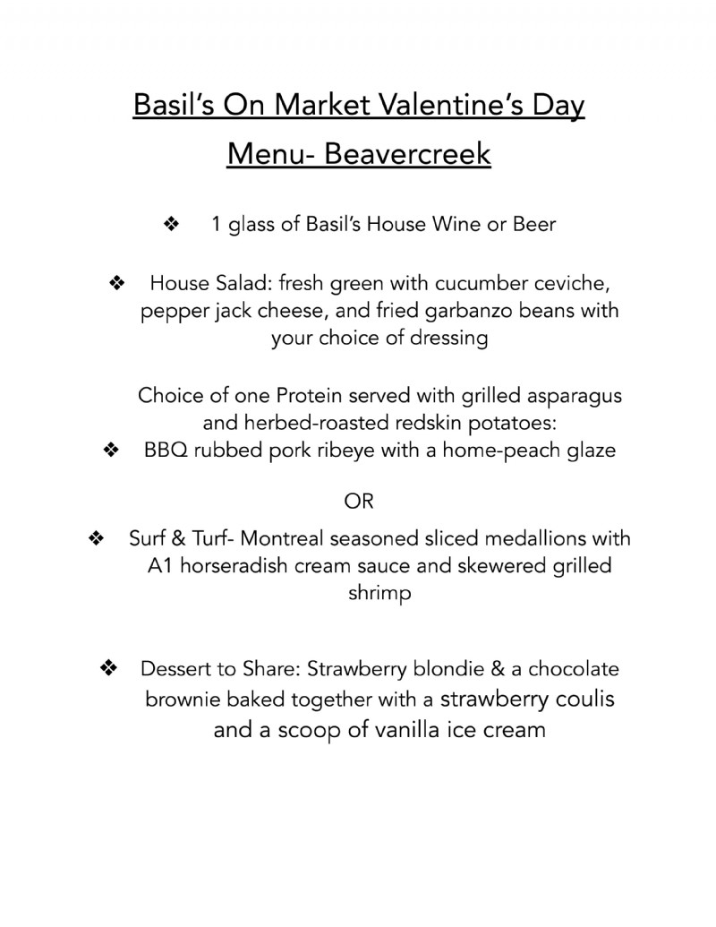 Basil's on Market - Beavercreek Valentine's Day Menu 2022