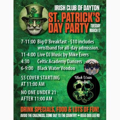 Irish Club of Dayton St. Patty's Day party - Tuesday, March 17th