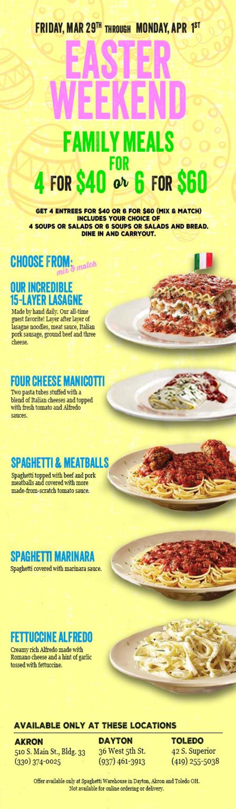 2024 Easter Weekend Family Meals Spaghetti Warehouse