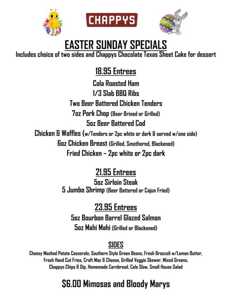 2024 Easter Menu at Chappy's Social House